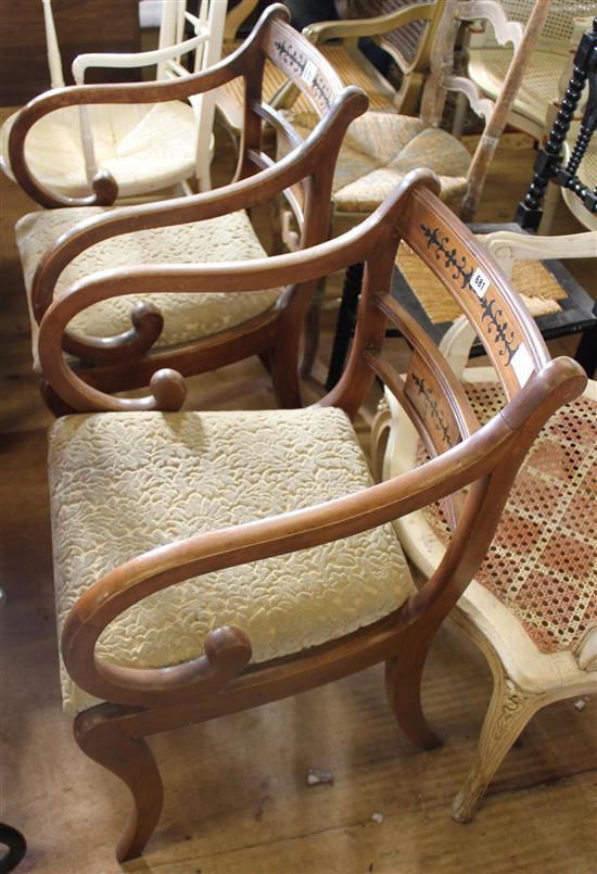 Pair of Regency style mahogany open armchairs with scroll arms and sabre legs